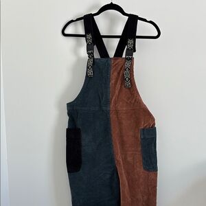 Kavu Colorblock Corduroy Overalls Size XS Wide Leg Blue and Rust Brown